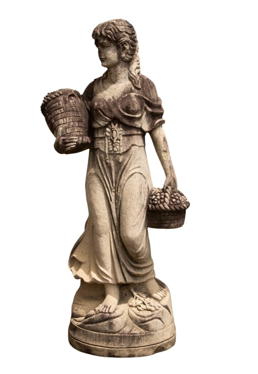 FOUR SEASONS FALL CONCRETE GARDEN SCULPTURE: Four Seasons Fall concrete garden sculpture. Approximate dimensions: h. 60.5", w. 25", d. 17" Disclaimer: Participating bidders must have a credit card on file with LiveAuctioneers in order for their