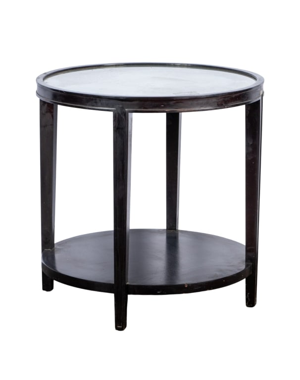 CONTEMPORARY MIRRORED TOP ROUND ACCENT TABLE: Contemporary mirrored top round accent table. Approximate dimensions: h. 26.5", dia. 26" Disclaimer: Participating bidders must have a credit card on file with LiveAuctioneers in order for their