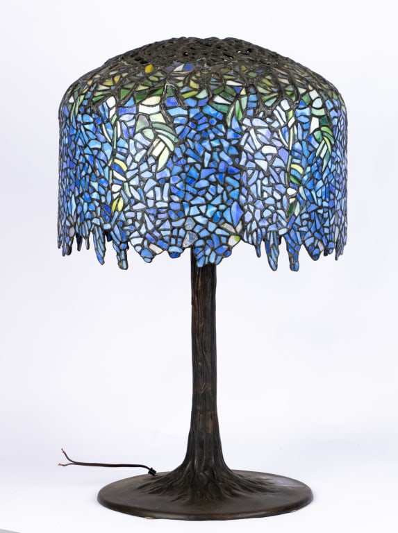 TIFFANY STYLE WISTERIA TREE TRUNK LEAD GLASS LAMP - 4