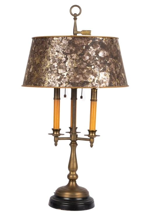 BRASS BOUILLOTTE DESK LAMP: Brass bouillotte desk lamp. Approximate dimensions: h. 29", w. 15" Disclaimer: Participating bidders must have a credit card on file with LiveAuctioneers in order for their bidding registration to be