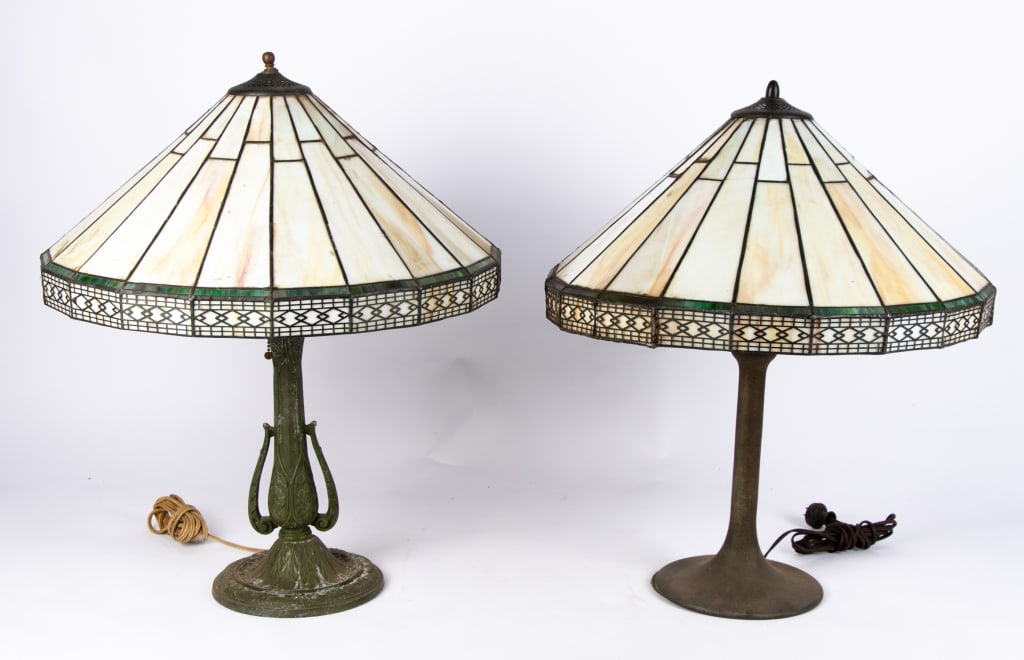 TWO TIFFANY STYLE METAL BASE TABLE LAMPS - 2