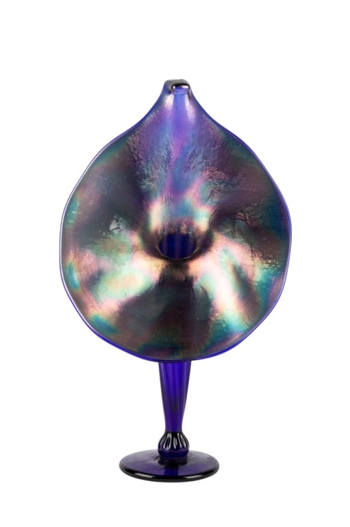 RICK STRINI 'JACK IN THE PULPIT' GLASS VASE: Rick Strini "Jack in the Pulpit" iridescent glass vase. Signed "Strini". Approximate dimensions: h. 12", w. 7", d. 3" Disclaimer: Participating bidders must have a credit card on file with