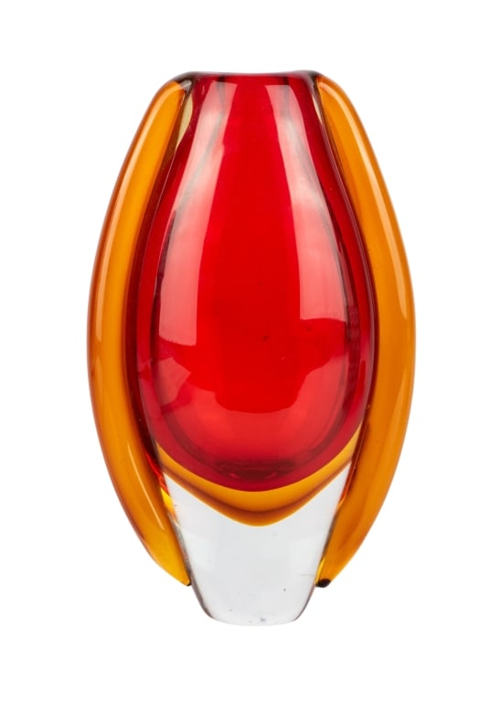 SUNFIRE DECORATIVE ART GLASS VASE: Sunfire decorative art glass vase. Approximate dimensions: h. 9", w. 5", d. 3" Disclaimer: Participating bidders must have a credit card on file with LiveAuctioneers in order for their bidding