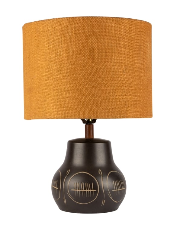 MCM MARTZ TABLE LAMP WITH ORIGINAL SHADE: Circa 1960's. MCM Jane and Gordon Martz table lamp with original shade. Approximate dimensions: h. 18", w. 12", d. 12" Disclaimer: Participating bidders must have a credit card on file with
