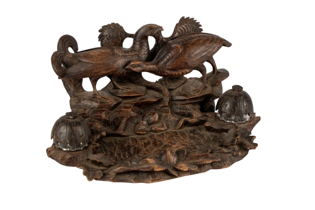 SWISS BLACK FOREST DOUBLE INKWELL: Swiss Black Forest double inkwell with grouses. Approximate dimensions: h. 7", w. 14", d. 9" Disclaimer: Participating bidders must have a credit card on file with LiveAuctioneers in order for their