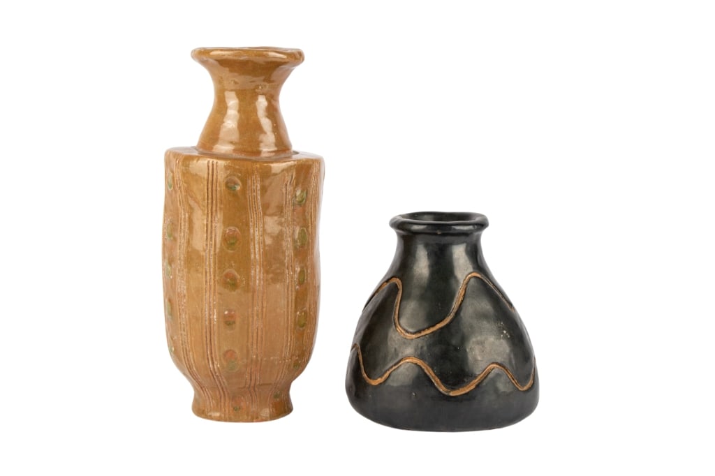TWO MID-CENTURY CERAMIC ART POTTERY VASES: Two Mid-century ceramic art pottery vases. Both signed to bottom. Approximate dimensions: h. 10", w. 4", d. 4" Disclaimer: Participating bidders must have a credit card on file with LiveAuctioneers