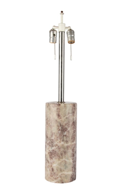 WALTER VON NESSEN MARBLE DOUBLE BULB TABLE LAMP: Walter Von Nessen (German/American, 1889-1943) for Nessen Studio, New York. Marble double bulb table lamp with chrome neck. Tag to the bottom. Approximate dimensions: h. 29.5", w. 5.5", d. 5.5"