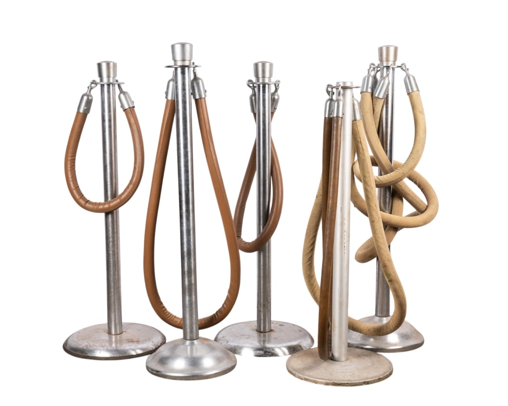 FIVE VINTAGE METAL STANCHIONS: Five vintage metal stanchions. Approximate dimensions: Disclaimer: Participating bidders must have a credit card on file with LiveAuctioneers in order for their bidding registration to be approved.