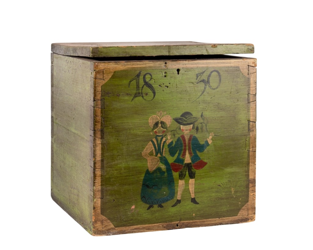 ANTIQUE ANNA STEINER 1830 TOY BOX: Antique Anna Steiner 1830 toy box with hand-painted decoration. Approximate dimensions: h. 15.5, w. 14.75", d. 13" Disclaimer: Participating bidders must have a credit card on file with