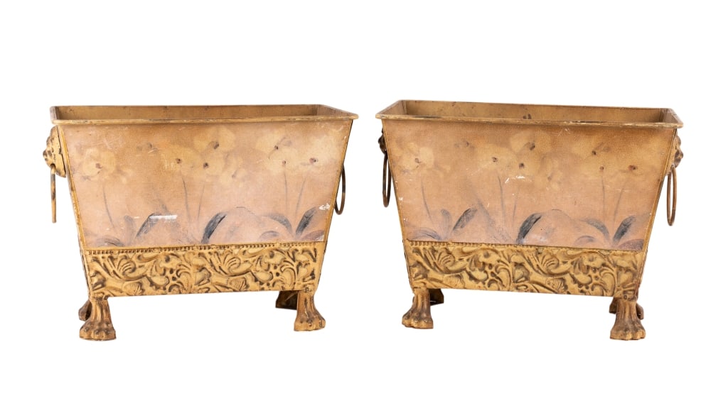 PAIR OF VINTAGE JARDINIERES: Pair of vintage jardinieres with lion heads, ring accents, and claw feet. Approximate dimensions: h. 8.5", w. 11.5", d. 7.5" Disclaimer: Participating bidders must have a credit card on file with Live