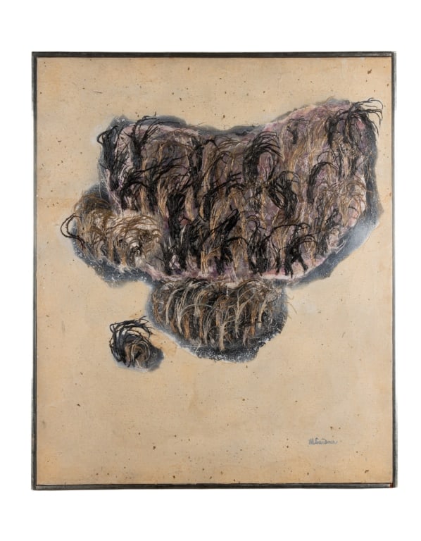 MARY GARDNER, PREMINGER, MM ON CANVAS: Mary Gardner. "Preminger" - MM on canvas, signed to LR, framed. Approximate dimensions: h. 37", w. 31", d. 1.75" Disclaimer: Participating bidders must have a credit card on file with LiveAuctioneers