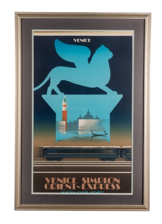 VENICE SIMPLON ORIENT EXPRESS ADVERTISEMENT POSTER: Venice Simplon Orient Express advertisement poster, framed. Approximate dimensions: h. 47", w. 32", d. 1" Disclaimer: Participating bidders must have a credit card on file with LiveAuctioneers in
