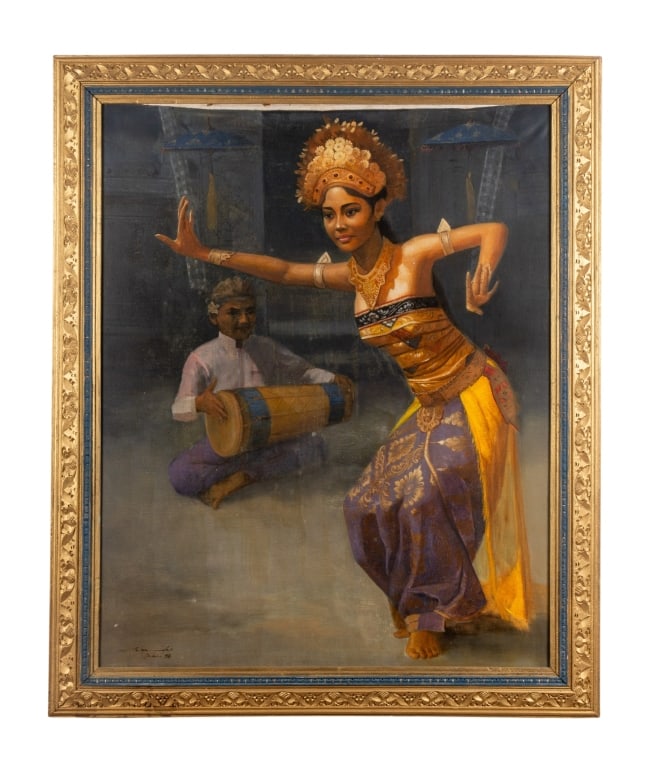 INDONESIAN BALINESE LEGONG DANCER PAINTING: Indonesian Balinese Legong dancer painting - oil on canvas, signed to LL, framed. Approximate dimensions: h. 46", w. 38", d. 1.5" Disclaimer: Participating bidders must have a credit card on file