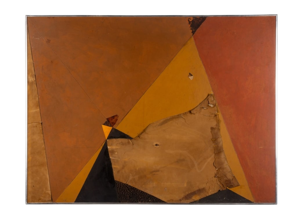 J. URBAIN, ABSTRACT PAINTING, MM ON BOARD: J. Urbain. Abstract painting - 1981, MM on board, signed to LR. Framed. Approximate dimensions: h. 36.5", w. 48", d. 1.5" Disclaimer: Participating bidders must have a credit card on file with