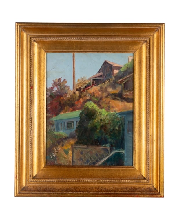 LESANNE PELLE COFFIN, 'HILLTOP MORNING', O/B: Lesanne Pelle Coffin. "Hilltop Mornin" - O/B, signed to LL, framed, titled to verso. Approximate dimensions: h. 20.5", w. 17.5", d. 2" Disclaimer: Participating bidders must have a credit card on