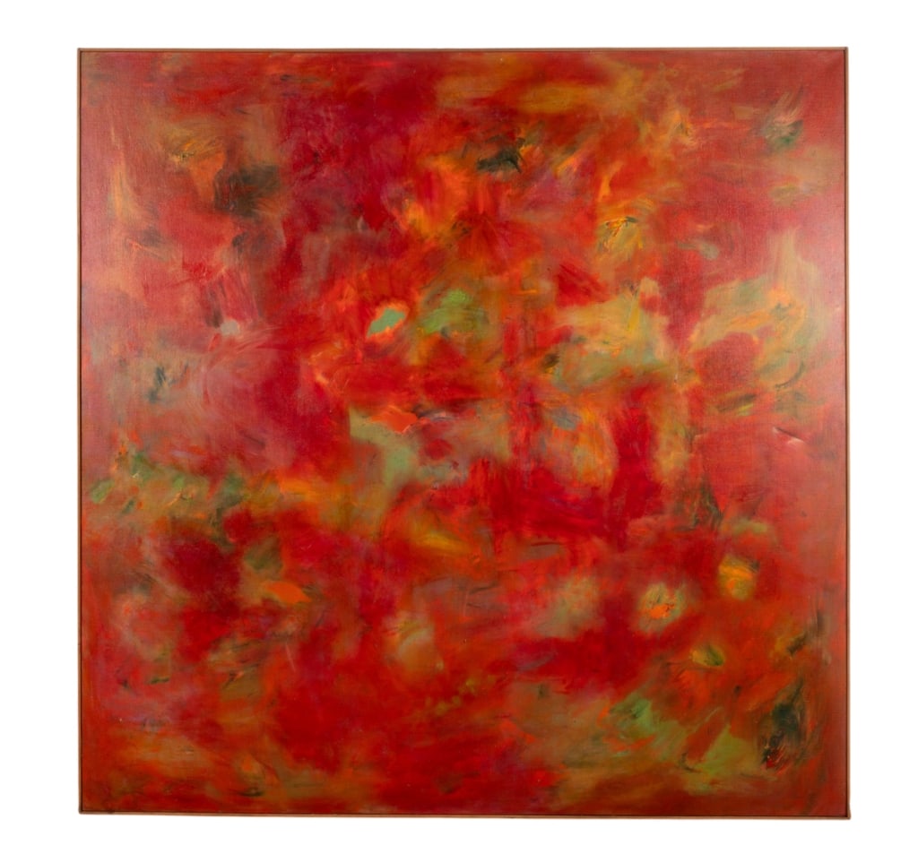 MODERN ABSTRACT OIL ON CANVAS BY JAMES CANAVAN: Modern oil on canvas painting by James Canavan. This work features an abstract design with wide and sporadic brush strokes in a palette of red, orange, green, and blue. It is presented in a wooden