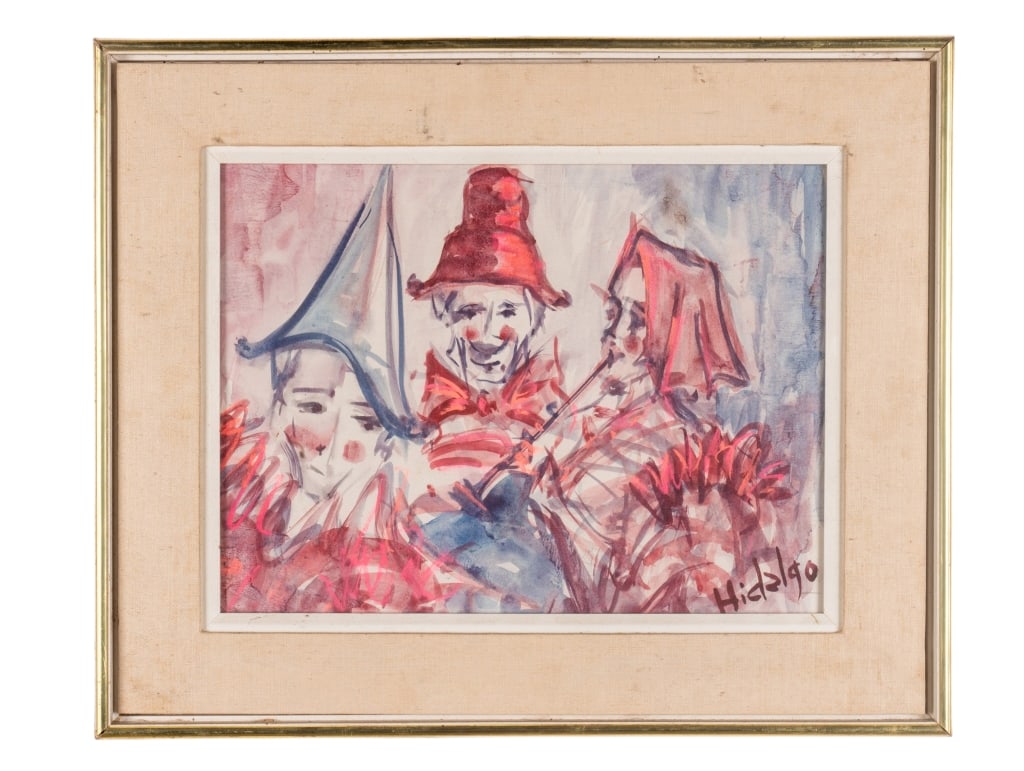 HIDALGO, PORTRAIT OF A CLOWN: Hidalgo, portrait of a clown, signed to LR, framed. Approximate dimensions: h. 18", w. 22", d. 2.5" Disclaimer: Participating bidders must have a credit card on file with LiveAuctioneers in order for