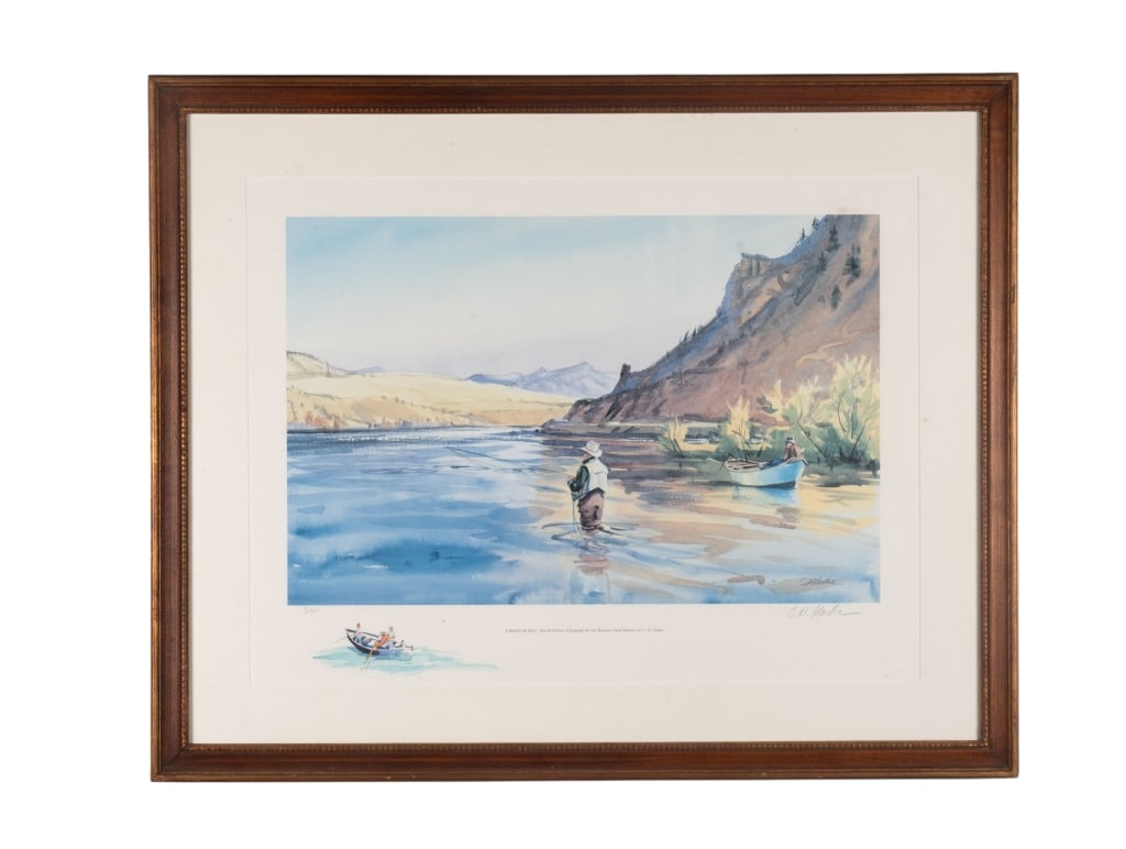 A BEND IN THE RIVER, LITHOGRAPH: A Bend in the River, lithograph, signed to LR, artist embellished lower left center, numbered 3/450 to LL, titled LC. Approximate dimensions: h. 28", w. 34.25", d. 1.25" Disclaimer: Participating