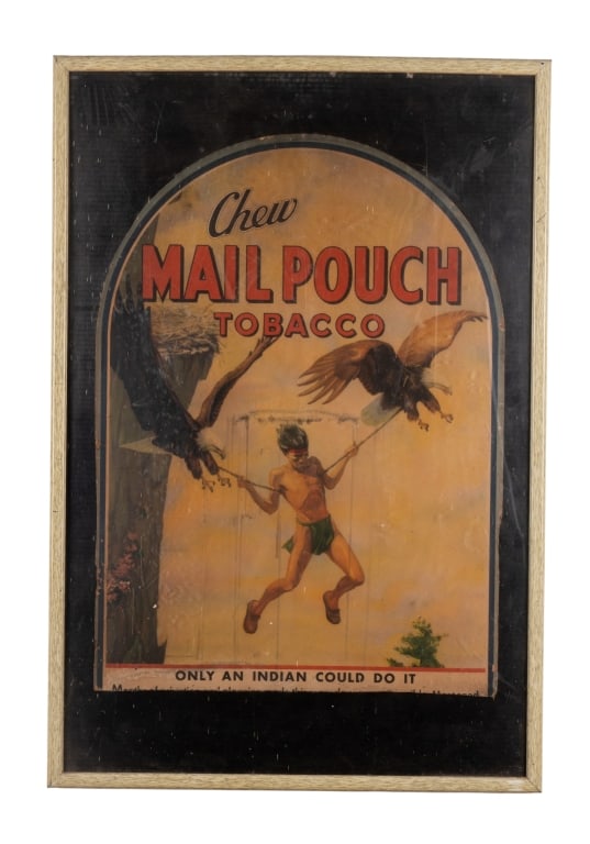 ORIGINAL CHEW MAIL POUCH TOBACCO POSTER: Original Chew Mail Pouch Tobacco advertisement poster. Approximate dimensions: h. 36.5", w. 24.5", d. 0.75" Disclaimer: Participating bidders must have a credit card on file with LiveAuctioneers in