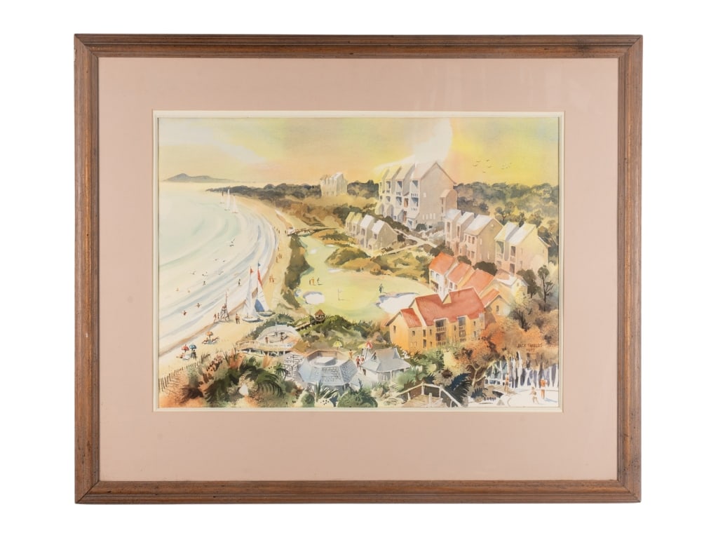 JACK SHIELDS, WATERCOLOR 1977: Jack Shields, watercolor 1977, signed to LR, framed. Approximate dimensions: h. 31.5", w. 38", d. 1" Disclaimer: Participating bidders must have a credit card on file with LiveAuctioneers in order