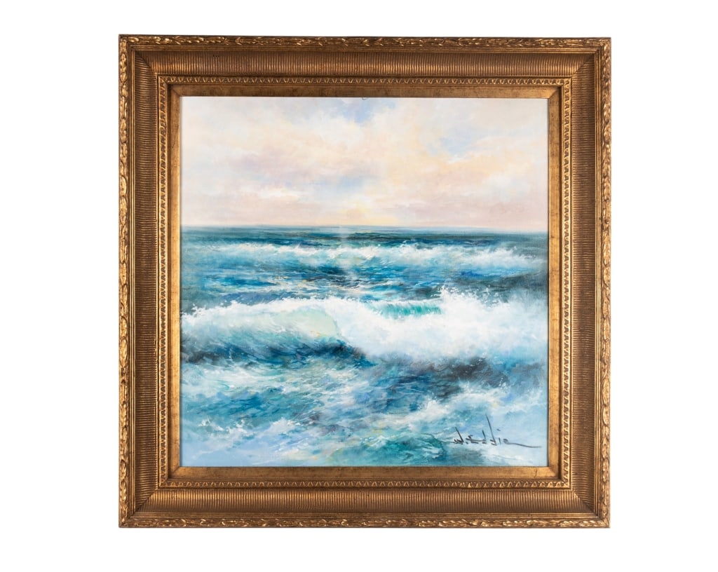 W. EDDIE, MODERN SEASCAPE, 1981: W. Eddie. Modern seascape - 1981, signed to LR, framed. Approximate dimensions: h. 31.5", w. 31.25", d. 2.5" Disclaimer: Participating bidders must have a credit card on file with LiveAuctioneers in