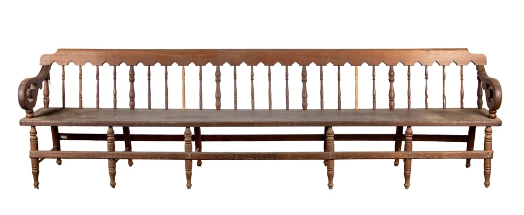 20TH C. AMERICAN RAILROAD TROLLEY BENCH: 20th century American railroad trolley bench. Approximate dimensions: h. 34", w. 123", d. 18" Disclaimer: Participating bidders must have a credit card on file with LiveAuctioneers in order for their