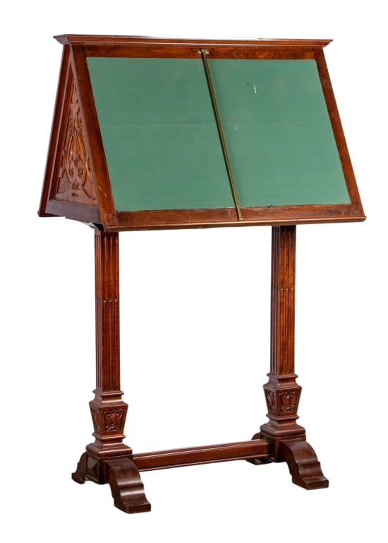 19TH C. CARLTON HOUSE STYLE WRITING DESK: 19th century Carlton House style writing desk with stretcher base and carved details. Approximate dimensions: h. 61.25", w. 42", d. 32" Disclaimer: Participating bidders must have a credit card on