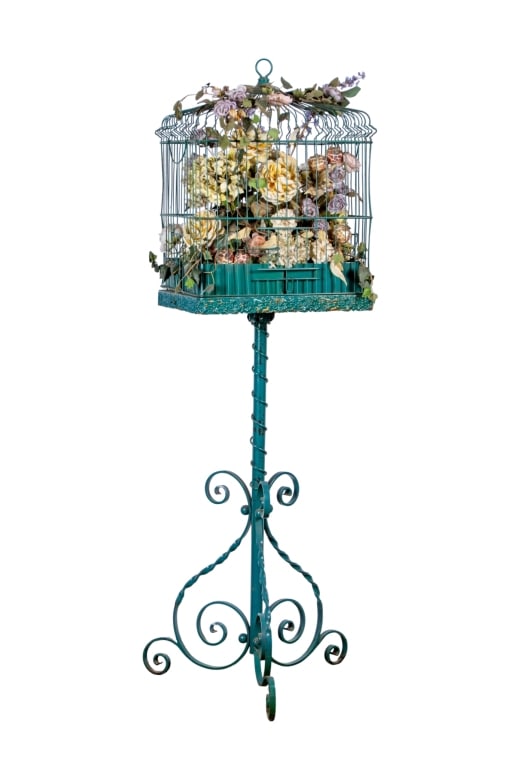 VINTAGE DECORATIVE ORNATE METAL BIRD CAGE ON STAND: Vintage decorative ornate metal bird cage on stand. Approximate dimensions: h. 64", w. 17", d. 15" Disclaimer: Participating bidders must have a credit card on file with LiveAuctioneers in order for t