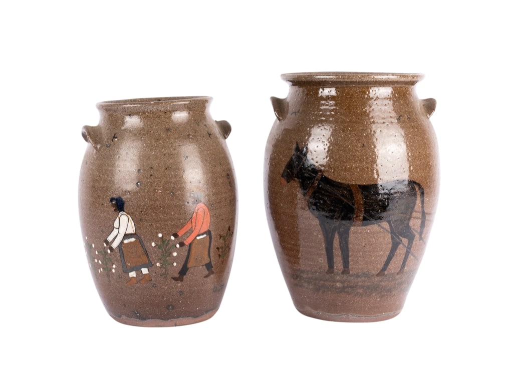 TWO BILL HENSON POTTERY JUGS: Two Bill Henson pottery jugs. Signed and titled to the bottom. Approximate dimensions: h. 12.5", w. 8" Disclaimer: Participating bidders must have a credit card on file with LiveAuctioneers in order