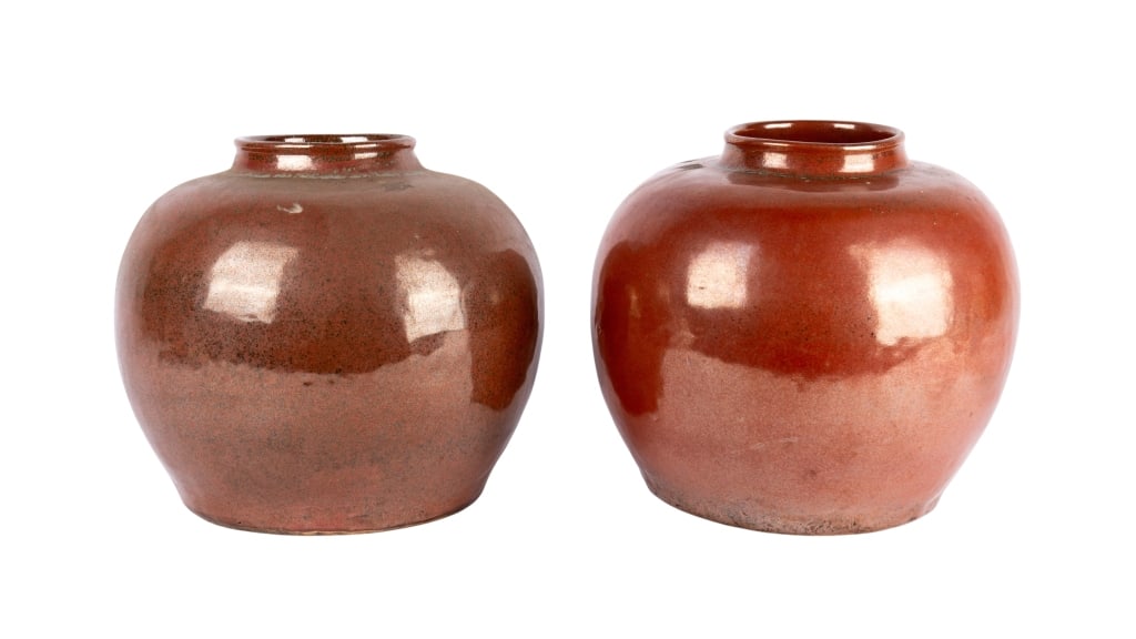 PAIR OF LARGE GLAZE CERAMIC VASES: Pair of large glaze ceramic vases. Approximate dimensions: h. 10.5", w. 11" Disclaimer: Participating bidders must have a credit card on file with LiveAuctioneers in order for their bidding