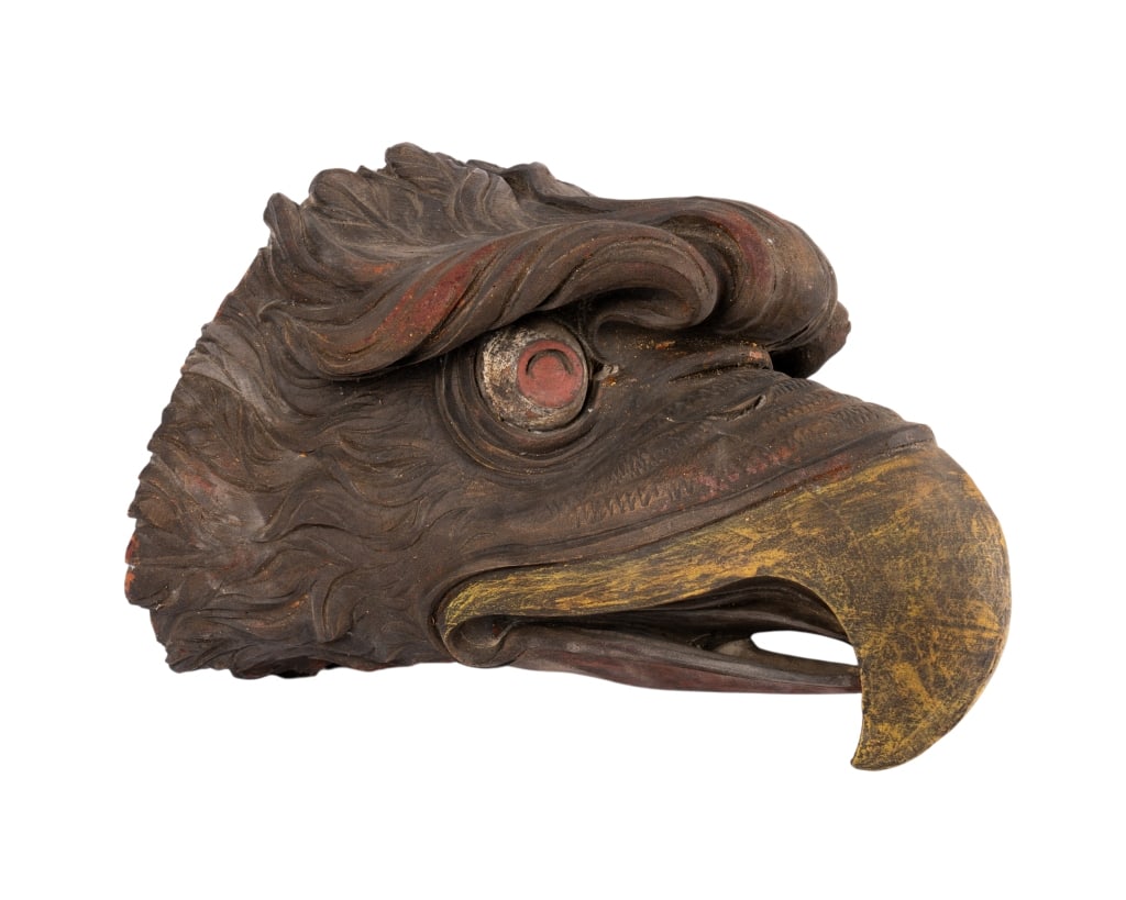 NETTLE CREEK LARGE EAGLE HEAD: Nettle Creek large eagle head. Approximate dimensions: h. 14.5", w. 13.5", d. 21" Disclaimer: Participating bidders must have a credit card on file with LiveAuctioneers in order for their bidding