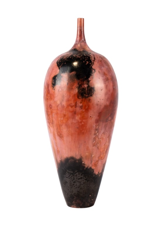 BOB GREEN RAKU CERAMIC VASE: Bob Green Raku ceramic vase. Signed to bottom. Approximate dimensions: h. 15", dia. 6" Disclaimer: Participating bidders must have a credit card on file with LiveAuctioneers in order for their