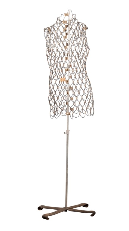 VINTAGE MY DOUBLE WIRE DRESS FORM MANNEQUIN: Vintage My Double wire dress form mannequin. Approximate dimensions: h. 60.5", w. 14", d. 8" Disclaimer: Participating bidders must have a credit card on file with LiveAuctioneers in order for their