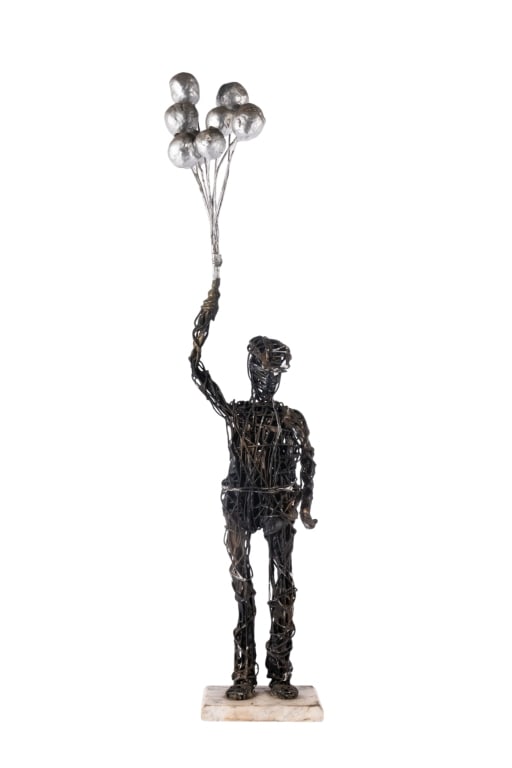 ABSTRACT SCULPTURE MAN WITH BALLOONS: Abstract sculpture man with balloons. Approximate dimensions: h. 32", w. 6", d. 3.5" Disclaimer: Participating bidders must have a credit card on file with LiveAuctioneers in order for their bidding