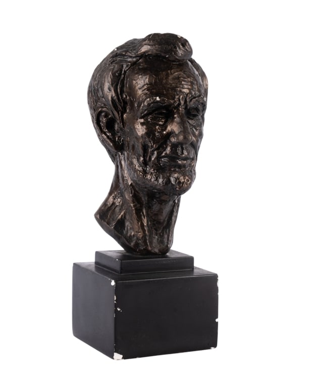 LEO SHERNE ABRAHAM LINCOLN PLASTER BUST: Leo Sherne Abraham Lincoln plaster bust, 1955. Approximate dimensions: h. 16", w. 6", d. 7" Disclaimer: Participating bidders must have a credit card on file with LiveAuctioneers in order for their