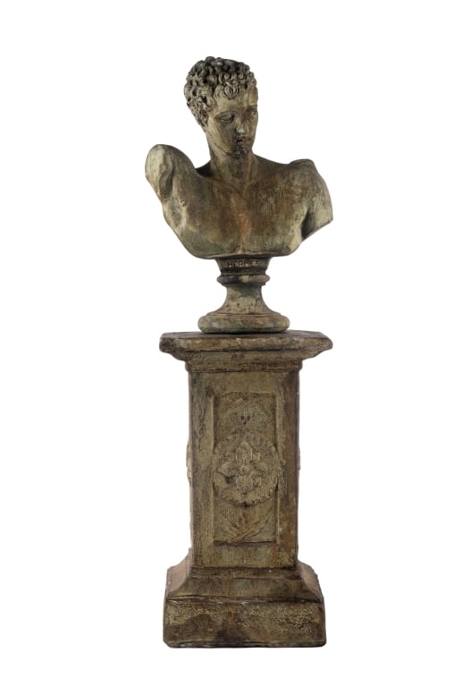 CAST STONE HERMES BUST ON PEDESTAL: Cast stone Hermes bust on pedestal. Approximate dimensions: h. 26", w. 7.5", d. 7.75" Disclaimer: Participating bidders must have a credit card on file with LiveAuctioneers in order for their bidding 