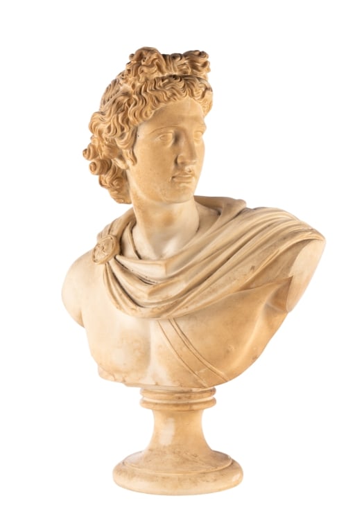 APOLLO BELVEDERE PLASTER BUST: Plaster bust of Apollo Belvedere. Approximate dimensions: h. 22", w. 15", d. 8" Disclaimer: Participating bidders must have a credit card on file with LiveAuctioneers in order for their bidding regist