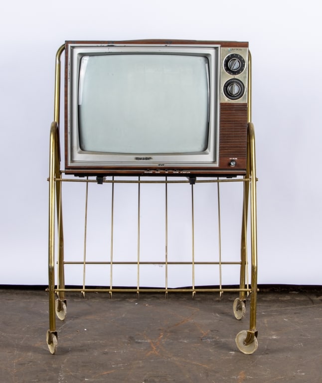 VINTAGE SHARP TV ON MID-CENTURY ROLLING CARD - 2