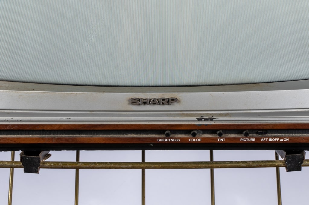 VINTAGE SHARP TV ON MID-CENTURY ROLLING CARD - 4