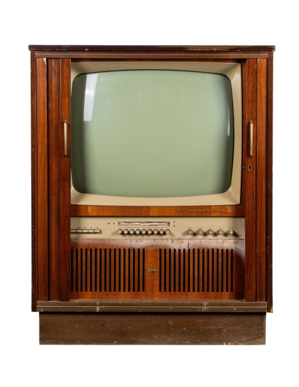 VINTAGE GRAETZ KALIF TV WITH TAMBOUR DOORS: Vintage German Graetz Kalif TV with tambour doors. Approximate dimensions: h. 34", w. 27.5", d. 15.5" Disclaimer: Participating bidders must have a credit card on file with LiveAuctioneers in order fo