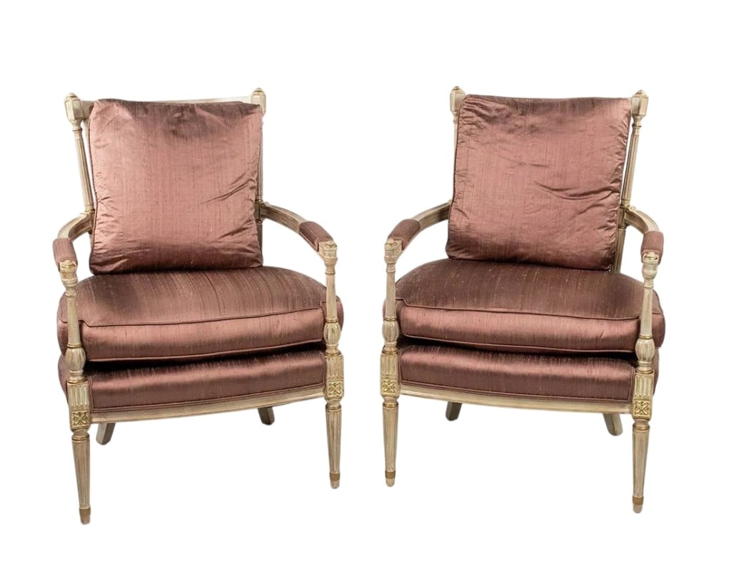 PAIR OF LOUIS XVI STYLE DIRECTOIRE ARMCHAIRS: Pair of French Louis XVI Style Directoire blush pink silk upholstered arm chairs having off white and gold tone wood frame with pink silk upholstery on backs, arms and cushions. Approximate dimensions