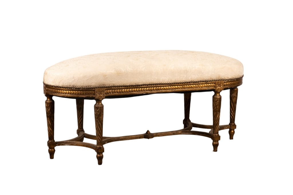 LOUIS XV STYLE WINDOW BENCH: Louis XV Style window bench with nailtrim design, stretcher base, fluted and twisted legs, floral medallions. Approximate dimensions: h. 22", w. 48", d. 17" Disclaimer: Participating bidders must