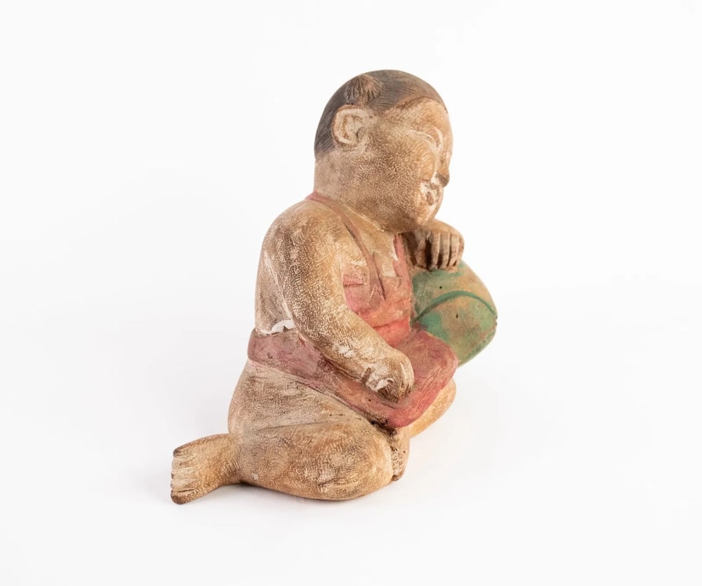 CHINESE HAND CARVED WOOD SLEEPING CHILD FIGURE - 2