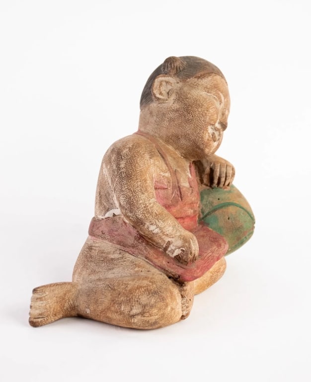 CHINESE HAND CARVED WOOD SLEEPING CHILD FIGURE - 3