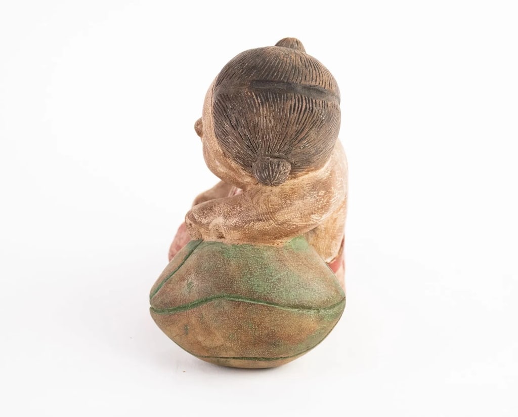 CHINESE HAND CARVED WOOD SLEEPING CHILD FIGURE - 5