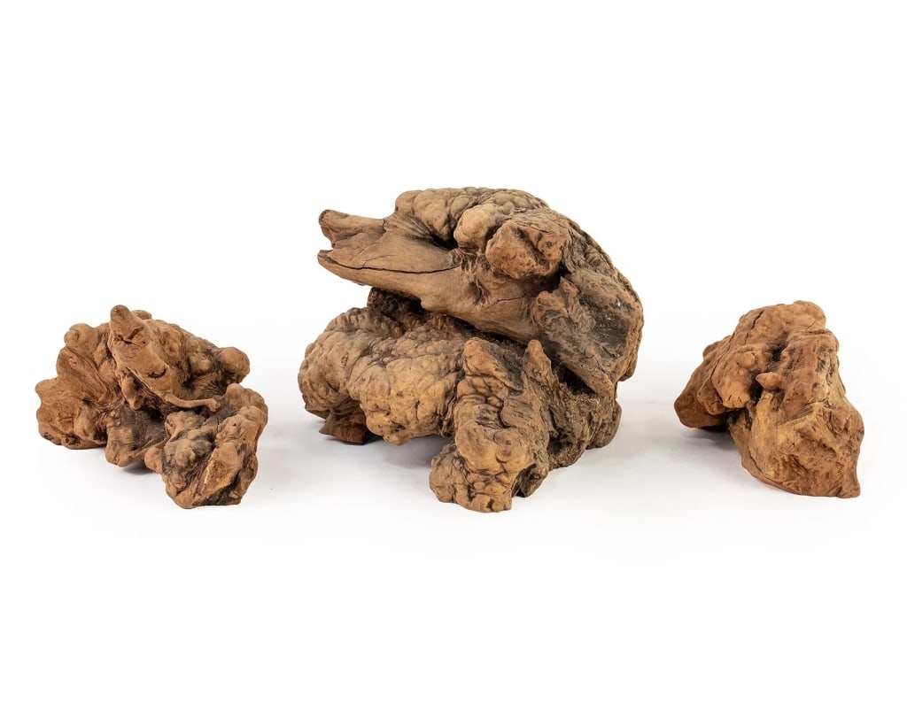GROUP OF 3 BURL WOOD KNOTS: Group of 3burl wood knots in varied sizes. Approximate dimensions: h. 7", w. 9 ", d. 9" Disclaimer: Participating bidders must have a credit card on file with LiveAuctioneers in order for their