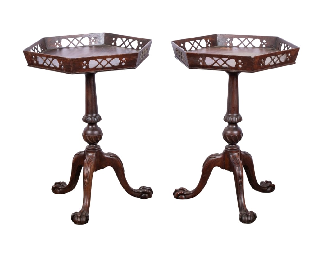 PAIR OF CHIPPENDALE STYLE SERVING TABLES: Pair of Chippendale style serving tables with claw & ball feet and carved details. Approximate dimensions: h. 26.25", w. 18", d. 18" Disclaimer: Participating bidders must have a credit card on file