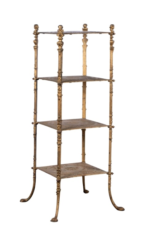 FOUR TIER METAL ETAGERE SHELF: Four tier metal etagere shelf with patterned surfaces and claw feet. Approximate dimensions: h. 41", w. 14", d. 14" Disclaimer: Participating bidders must have a credit card on file with