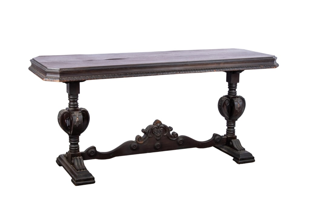 20TH C. JACOBEAN STYLE CONSOLE TABLE: 20th century Jacobean style console table with stretcher base and carved legs. Approximate dimensions: h. 30.5", w. 66", d. 24" Disclaimer: Participating bidders must have a credit card on file with