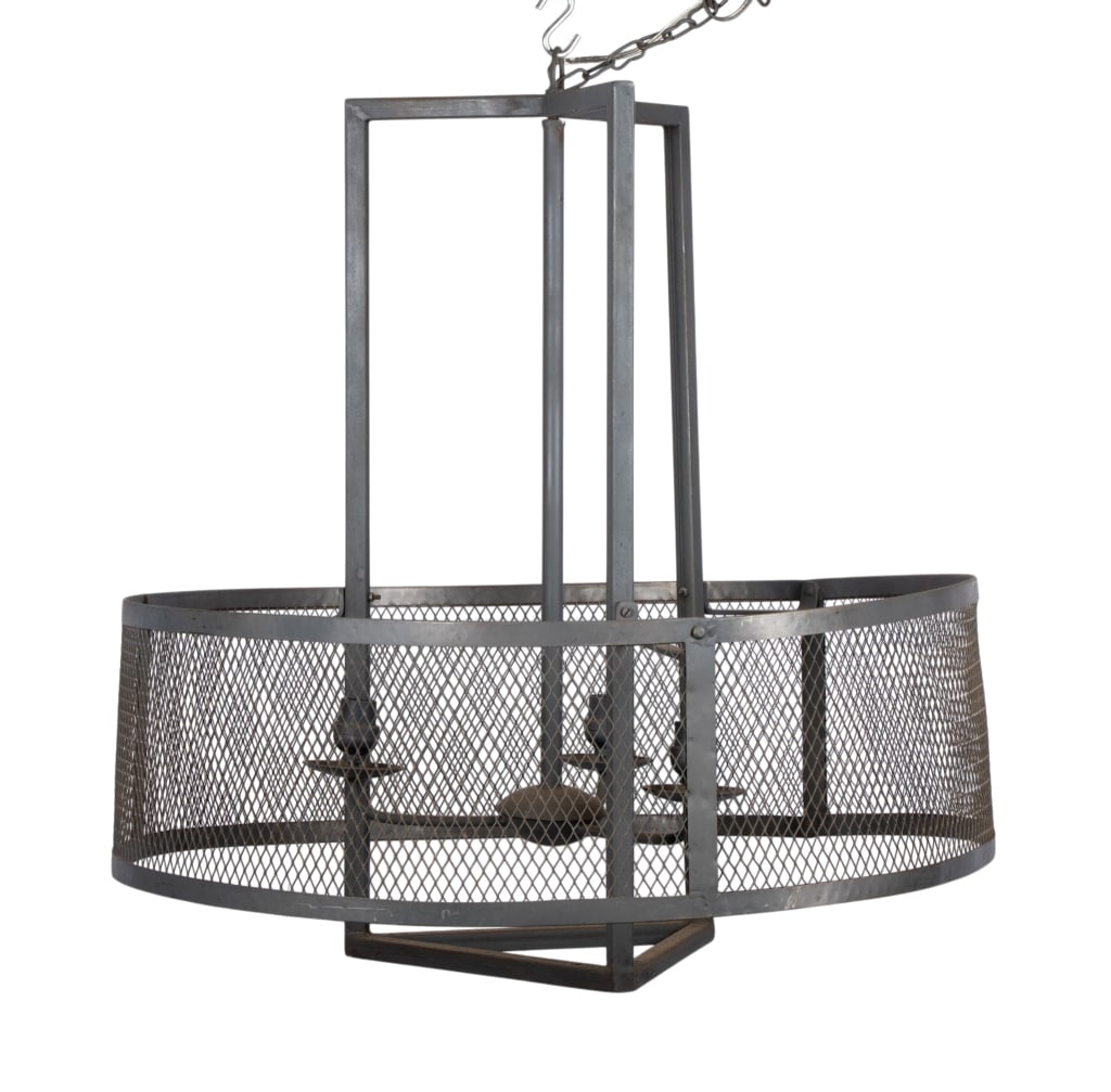 MODERN MESH METAL CHANDELIER: Modern mesh metal chandelier. Approximate dimensions: h. 32", dia. 30" Disclaimer: Participating bidders must have a credit card on file with LiveAuctioneers in order for their bidding registration